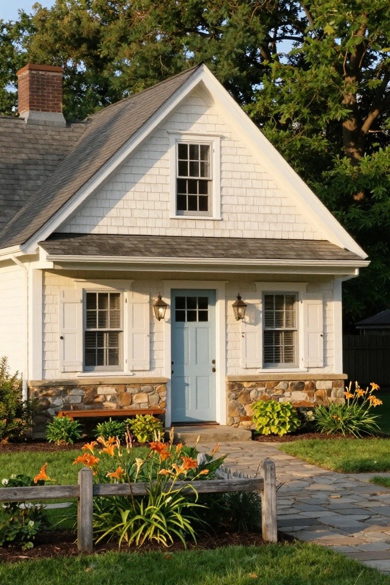 White shingled house with gable roof, small covered porch, blue front door flanked by lanterns, stone foundation and knee wall, daylilies and hostas in front yard, stone path, wooden split-rail fence, and trees in background.
