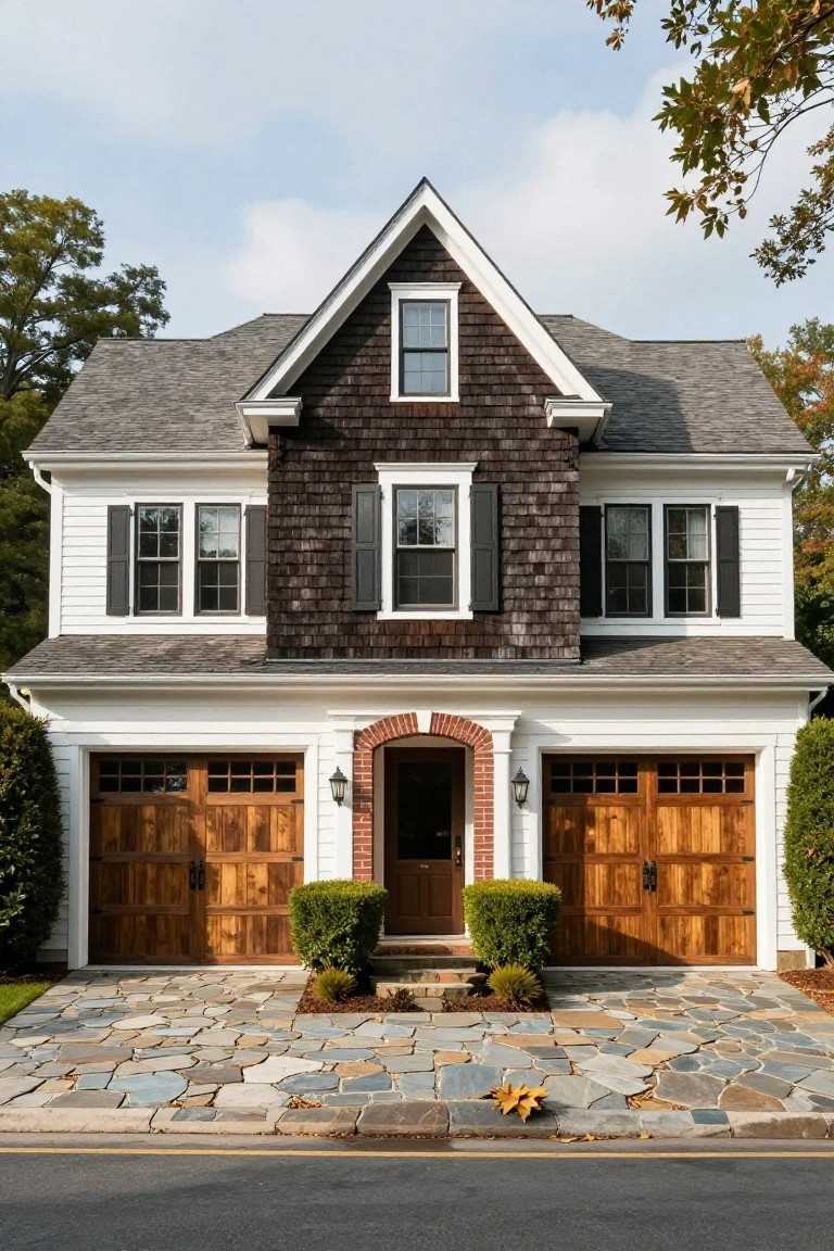 Colonial-style house facade with white clapboard siding on lower level, dark wood shingle siding on gable and upper section, double wooden garage doors, brick-arched entry door, boxwood shrubs, and irregular flagstone driveway.