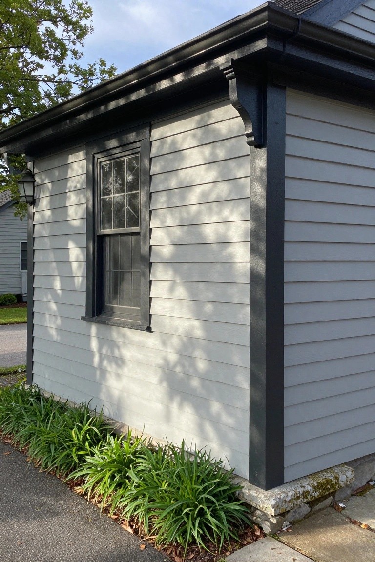 Side view of a light gray wood-sided house corner with black trim framing a double-hung window, gutters, and eaves, green daylilies along the base, and a stone foundation.