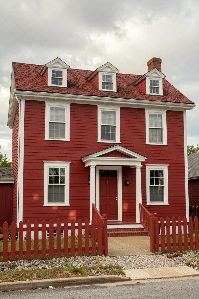 Two-story red colonial house with white trim, red shingled gabled roof featuring dormers, columned front entry, red door, and red picket fence on a gravel path.