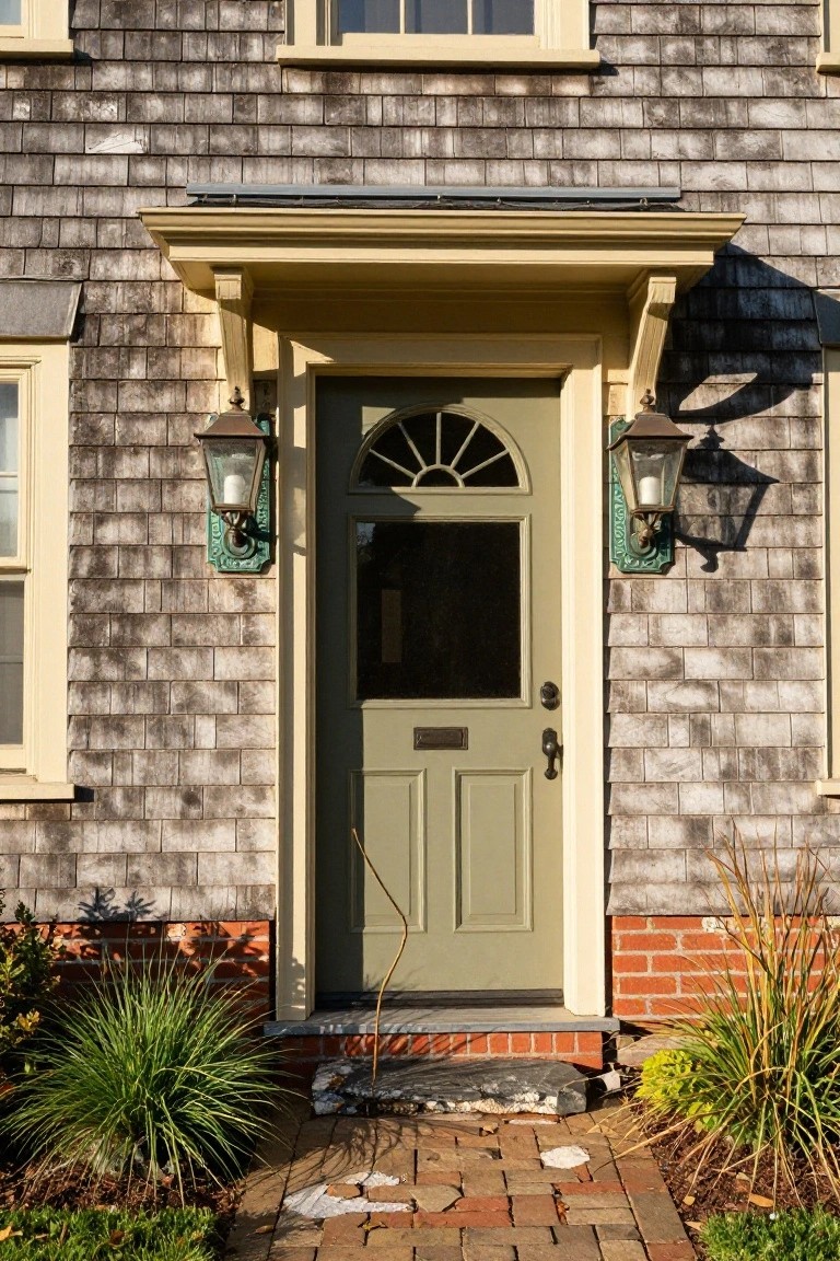 Colonial house exterior with gray wood shingle siding, yellow trim, green front door featuring a fanlight window, flanked by green lanterns, brick foundation, and path with grass and ornamental plants.