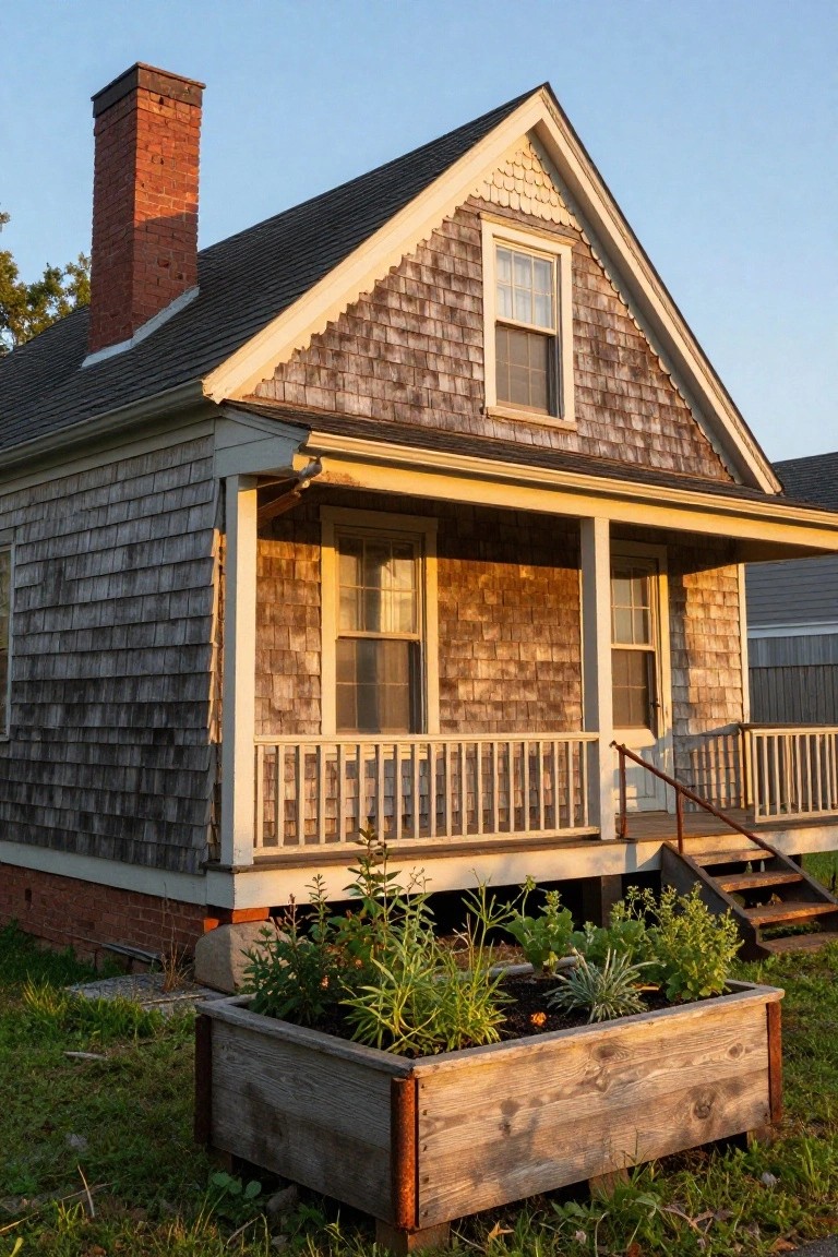 Colonial house exterior with gray weathered cedar shingle siding, white trim, yellow porch, brick chimney, and wooden planter box with plants in the front yard at sunset.