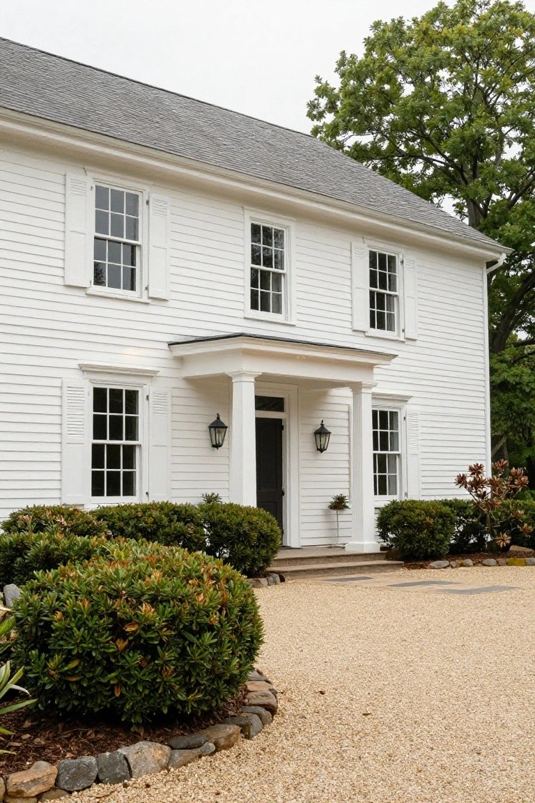 White two-story colonial house with clapboard siding, gray shingled roof, columned portico entry with black door and lanterns, symmetrical windows, boxwood shrubs, and gravel driveway edged in stone.