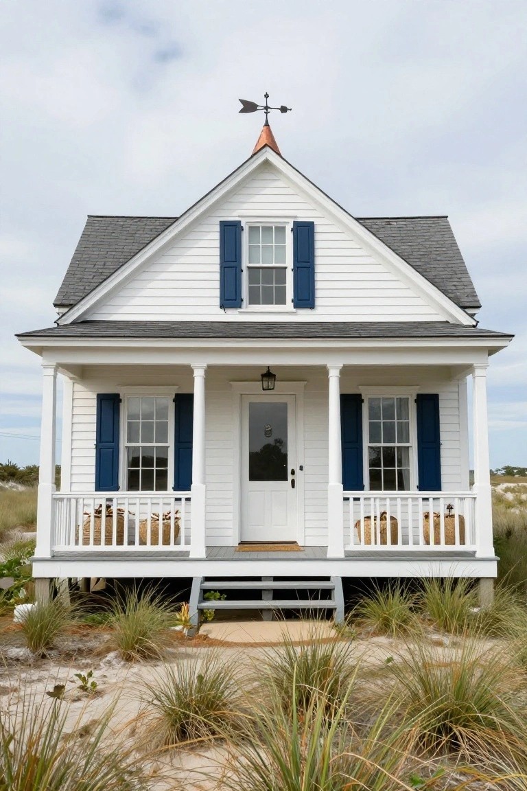 A small white clapboard house with a gable roof, navy blue shutters, wraparound front porch with columns, copper weathervane, and elevated foundation surrounded by sand dunes and sea grass.