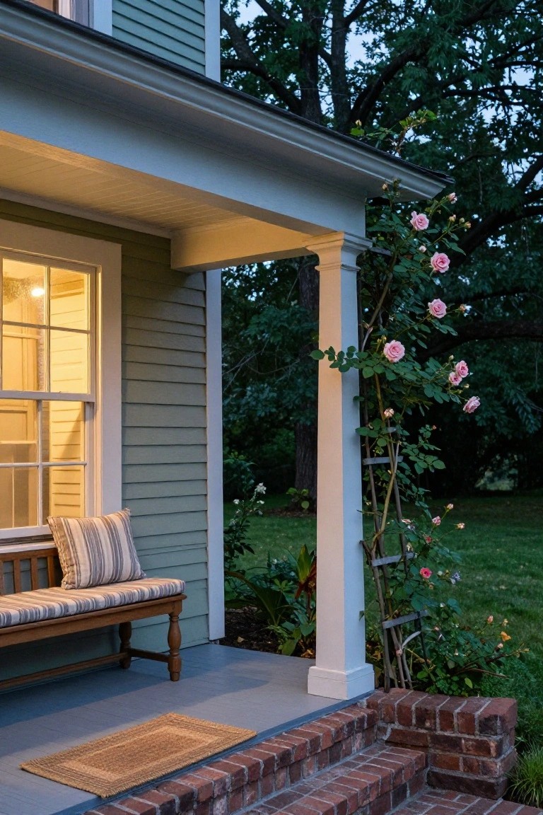 Light green wood-sided house exterior showing a porch with wooden bench and striped cushion, white column wrapped in pink climbing roses, lit double-hung window, seagrass doormat, brick steps, and garden plants at dusk.