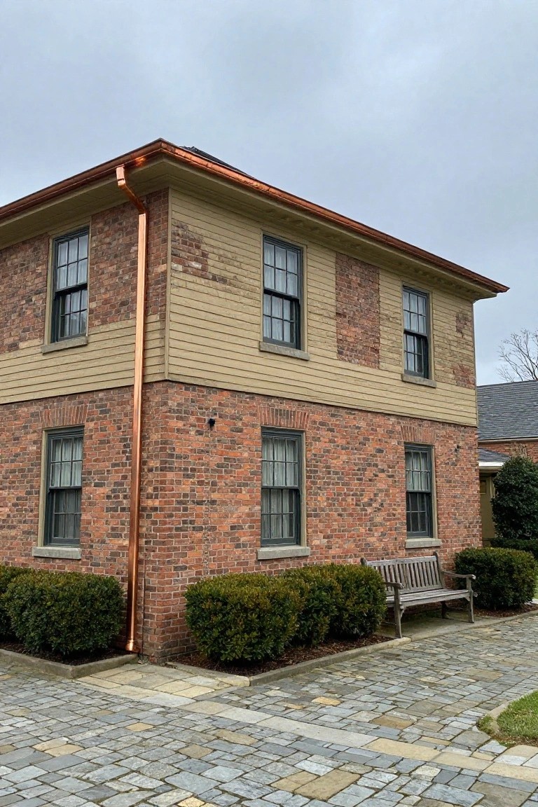 Corner view of a two-story colonial-style house with brick on the lower level, beige clapboard siding above, black-framed multi-pane windows, tall copper downspout and gutters, boxwood shrubs, wooden bench, and cobblestone pavement.