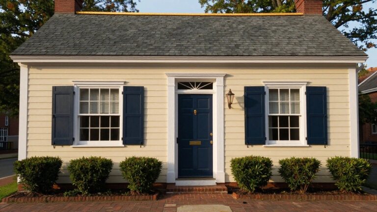 23 Colonial House Exterior Wood Siding Ideas For Authentic Warmth Two-story colonial house with pale yellow horizontal wood siding, white trim and shutters, central navy blue front door with brass lantern, flanked by brick walkway and low boxwood shrubs.