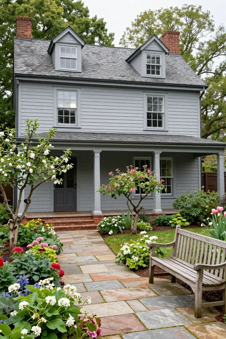 Two-story gray clapboard colonial house with gabled dormer, covered front porch, brick chimneys, flanked by flowering trees and shrubs, brick steps leading to a stone path and wooden garden bench.