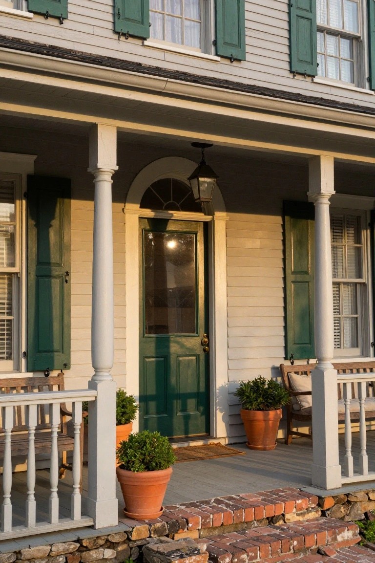 Colonial house exterior featuring light gray horizontal wood siding, green shutters on windows, a green front door with fanlight, white porch columns and railing, wooden benches, potted plants, and brick steps.