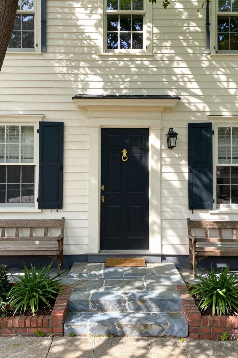 White wood clapboard colonial house exterior with central black paneled door featuring brass knocker and handle, flanked by open navy shutters on windows, wooden benches, flagstone entry steps, brick planters with greenery, and a lantern light.