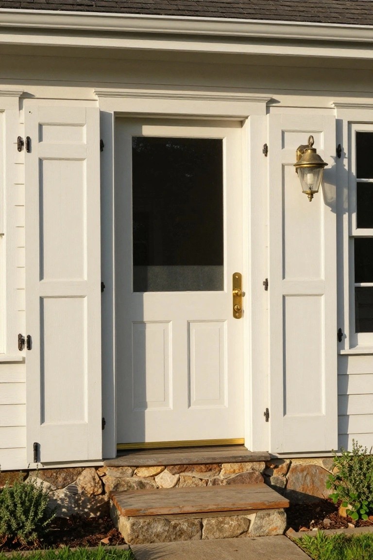 White wood-sided house entry with open louvered shutters flanking a centered white paneled door with glass lite and sidelights, brass knob and lantern, and stone steps below.
