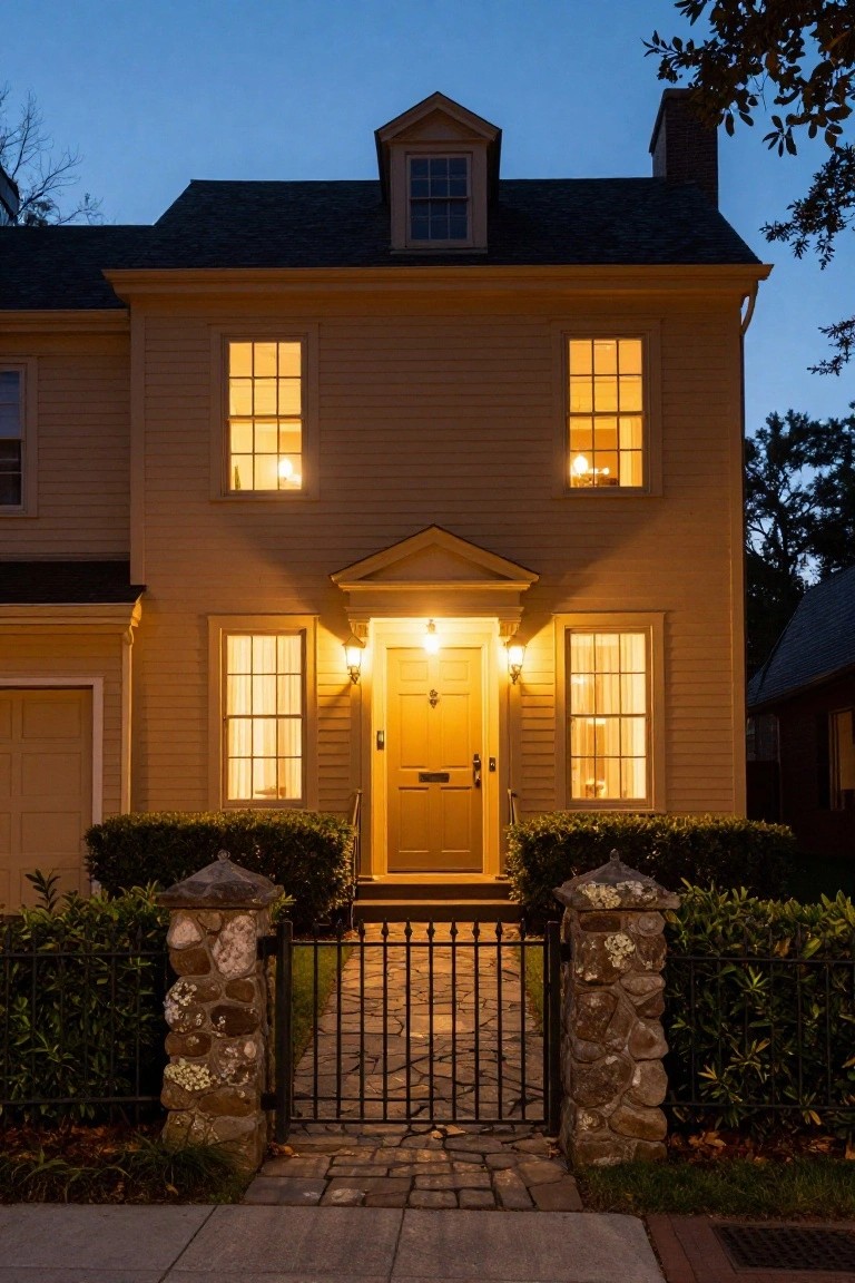 A two-story colonial-style house with pale yellow horizontal wood siding, symmetrical lit windows, a centered yellow front door with lanterns, attached garage, black iron gate between stone pillars, boxwood shrubs, and a brick path at dusk.