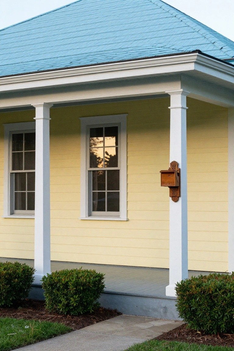 Yellow wood-sided Colonial house exterior showing porch with white columns, two double-hung windows, wooden birdhouse mounted on column, boxwood shrubs, and concrete walkway.