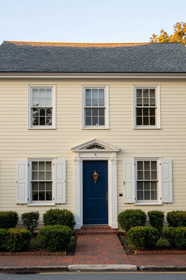 Two-story colonial house with pale yellow horizontal wood siding, white trim and shutters, central navy blue front door with brass lantern, flanked by brick walkway and low boxwood shrubs.