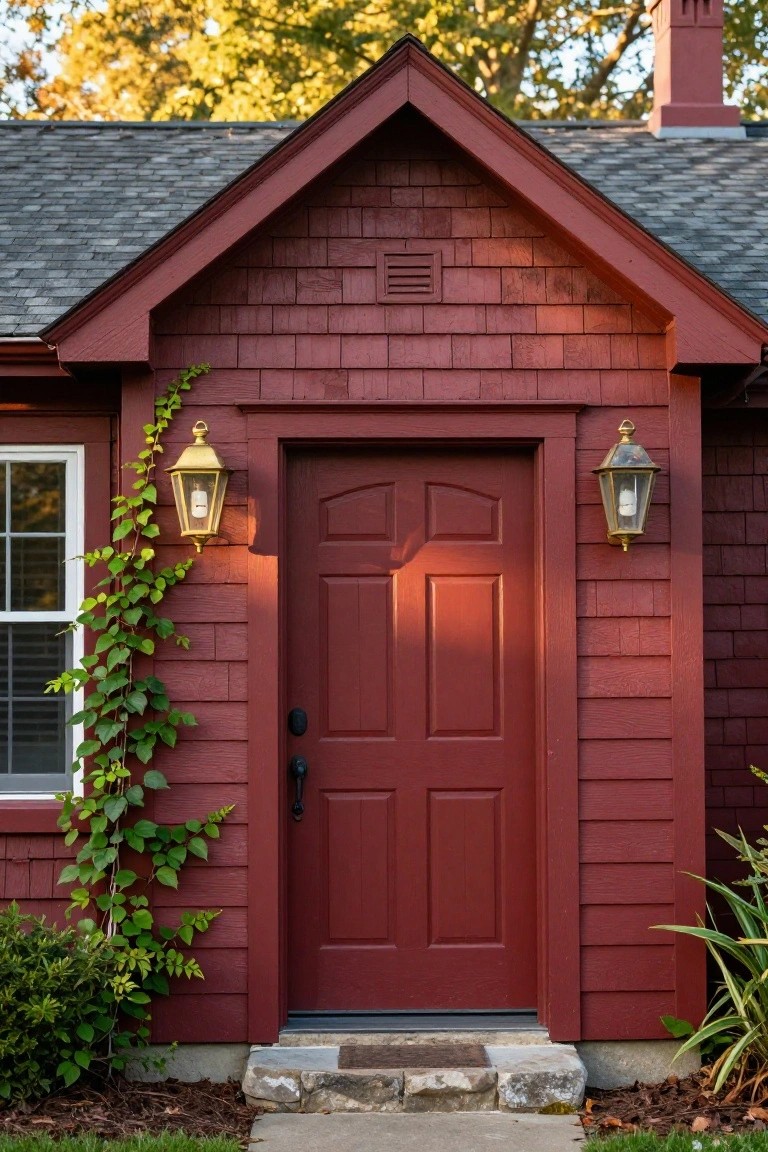 Close view of a house entry with red wood shingle siding, a red paneled door, two brass lanterns flanking it, ivy climbing the left wall, a window to the left, and stone steps leading up.