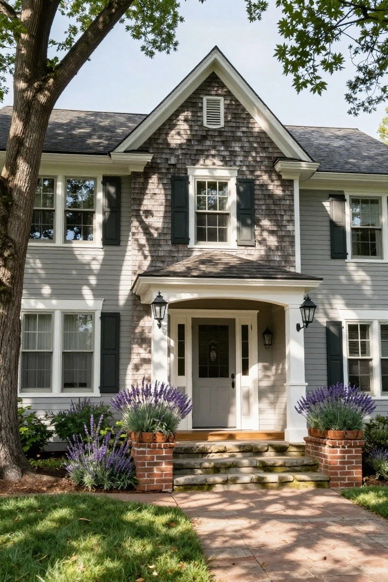 Two-story Colonial house exterior featuring gray wood shingle siding on the left gable end and upper sections, light gray clapboard siding on the main body, white trim around multi-pane windows and a covered entry porch with lanterns, flanked by brick piers holding lavender plants, steps leading to a gray front door, and a large tree on the left side.
