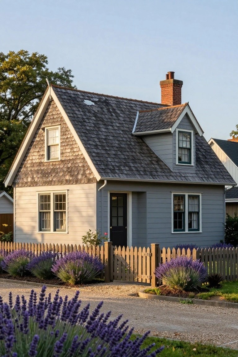 A small gray clapboard house with wood shingle roof and gables, black front door, white picket fence, lavender bushes, and gravel path in front.