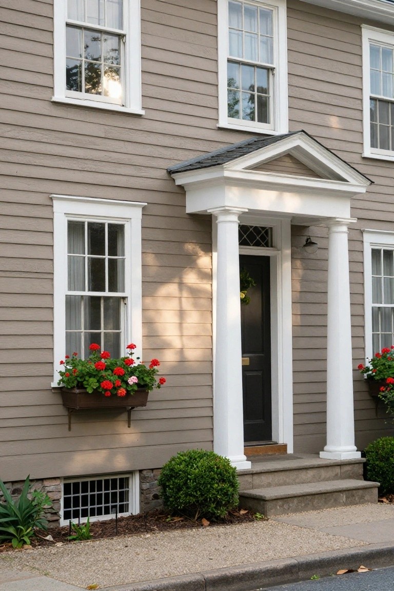 Beige clapboard wood siding on a two-story colonial house exterior with white trim, multi-pane windows, red flower boxes, columned white portico with black door, basement window, and small shrubs along the foundation.
