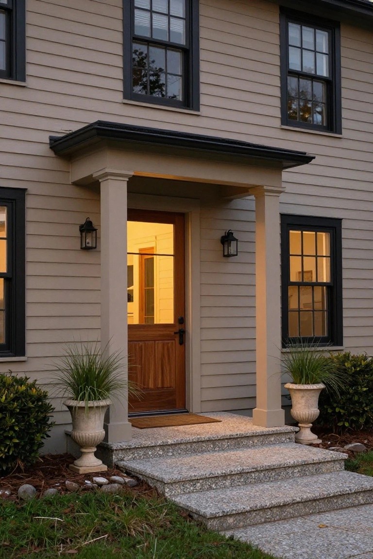 Front exterior of a two-story house with tan horizontal wood siding, black window frames, small covered porch with wooden door, lanterns, stone steps, and potted plants beside the entry.