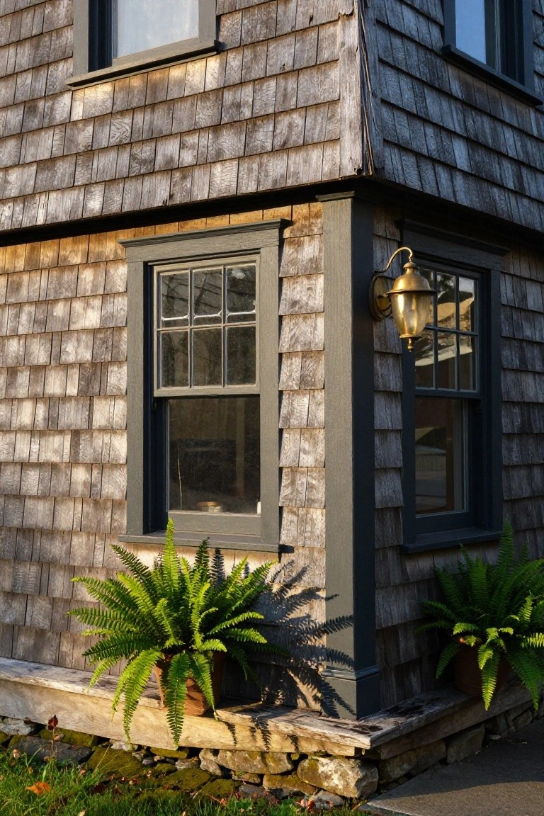Corner exterior of a shingled Colonial house featuring weathered wood siding, dark-trimmed multipane windows, a brass lantern light, potted ferns, and a stone foundation base.