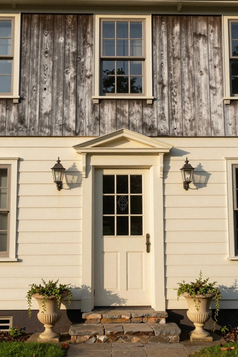 Front view of a two-story colonial house featuring weathered vertical wood plank siding on the upper gabled section, white horizontal clapboard siding on the lower story, a centered white door with nine-pane glass and pediment surround, flanked by lanterns and urn planters on stone steps.