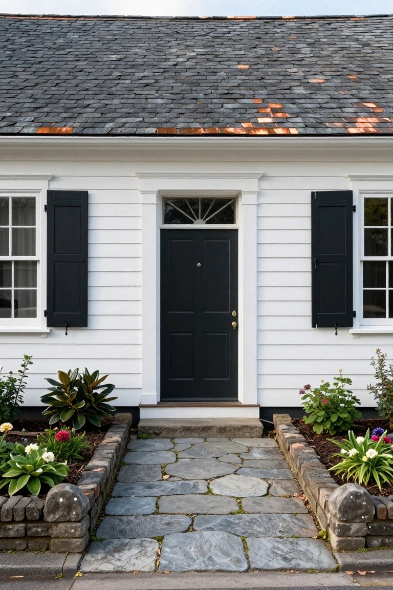 Front view of a white clapboard house with black shutters on the windows, a centered black front door with fanlight above, slate roof, stone pathway, and raised planters with plants on either side.