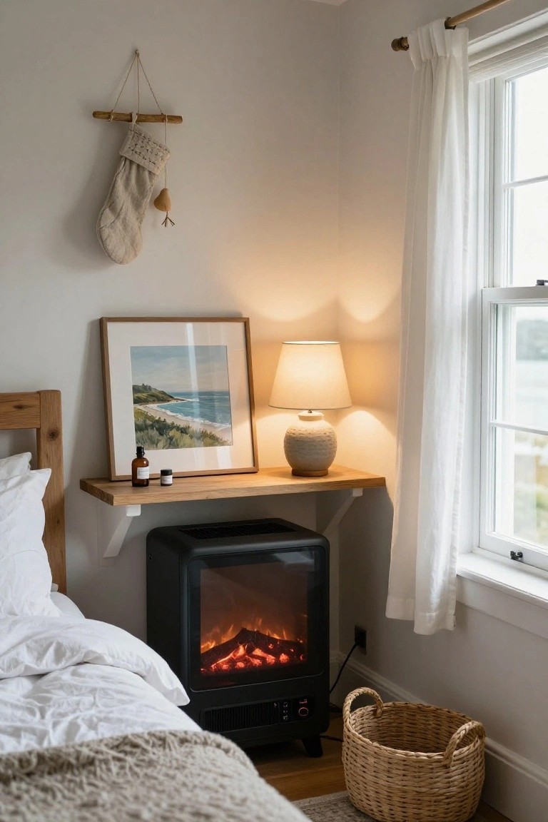 Bedroom corner with wooden bed and white bedding, floating shelf above black electric fireplace holding lamp, framed beach artwork, small bottles, linen Christmas stocking hanging from driftwood on wall, white curtains on window, and wicker basket on wood floor.