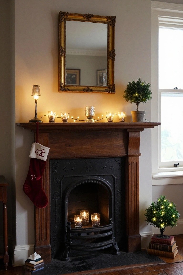 Corner wooden fireplace mantel decorated for Christmas with fairy lights strung across it, glass candles, potted mini trees, a red stocking hanging from the side, and stacked books on the floor nearby in a light gray room.