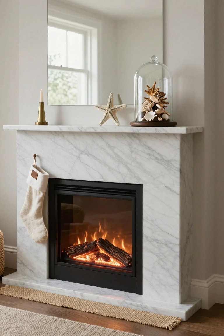 White knit Christmas stocking with leather tag hanging from hook on marble corner fireplace mantel topped with brass candle holder, starfish, seashell-filled glass dome on wood base, and tall mirror above in airy room with window and beige rug.