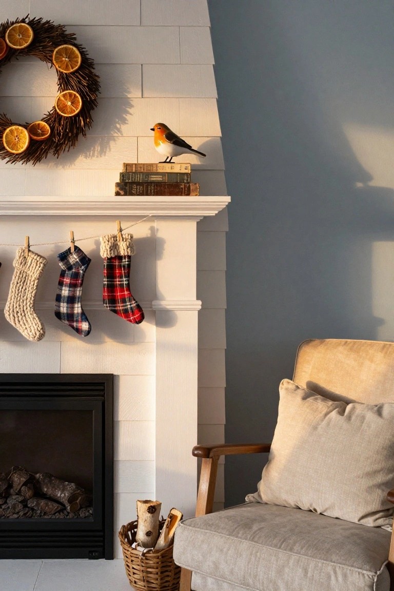 Corner white brick fireplace mantel decorated for Christmas with dried orange wreath on wall, ceramic robin on stacked antique books, three knit and plaid stockings hung from string with clothespins, beige armchair nearby, and wicker log basket on floor.
