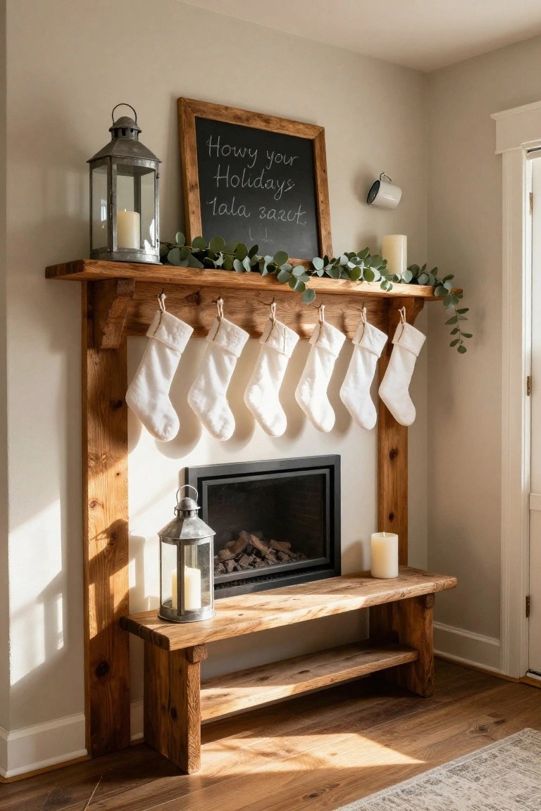Rustic wooden corner fireplace mantle with white knit Christmas stockings hanging from ropes, eucalyptus garland draped over the shelf, metal lanterns with candles, chalkboard sign above, and a lit gas fire in a light beige room.