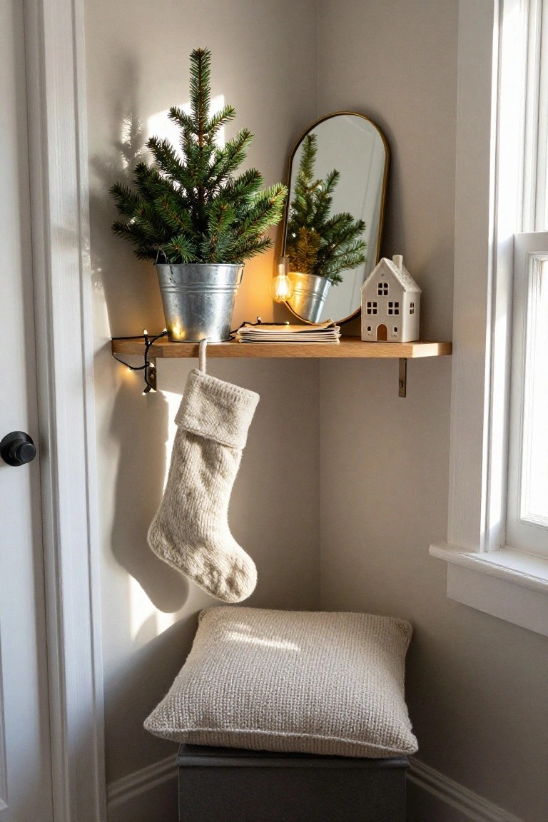 Wooden floating shelf mounted in a beige room corner displaying a small potted Christmas tree in a galvanized bucket, string lights, books, a small white house figurine, and a gold arched mirror reflecting another mini tree, with a large knit stocking hanging from the shelf and a knit cushion on a stool below.