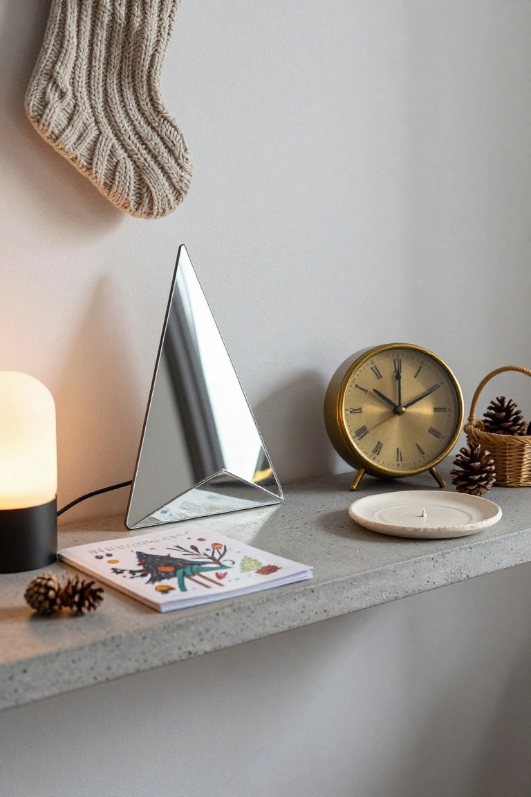 Concrete corner shelf with triangular mirror, gold clock, pinecones, woven basket, open illustrated book, small white dish, and frosted glass lamp, plus knit stocking hanging above.