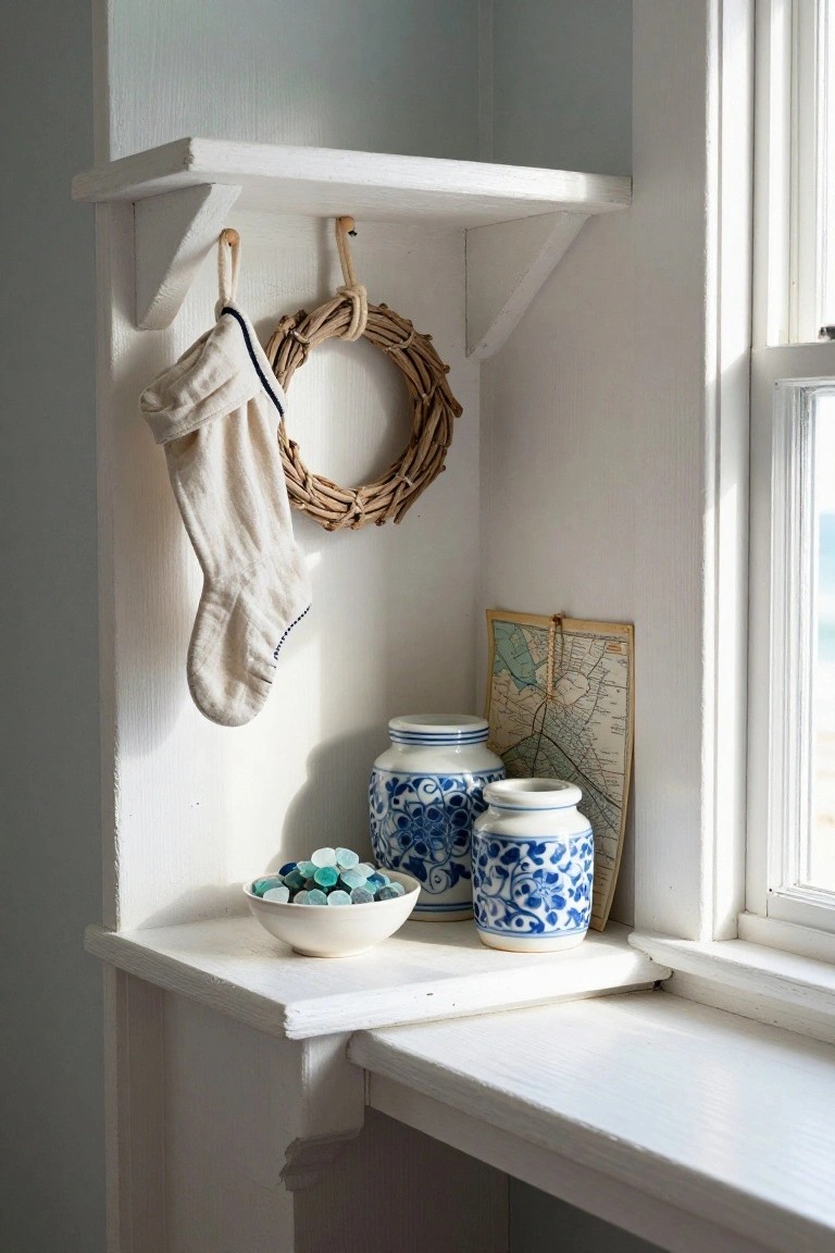 White wooden corner shelf displaying a hanging white stocking on a rope-tied driftwood wreath, two blue and white porcelain jars, a white bowl of turquoise sea glass, and a folded map, positioned by a window with ocean view.