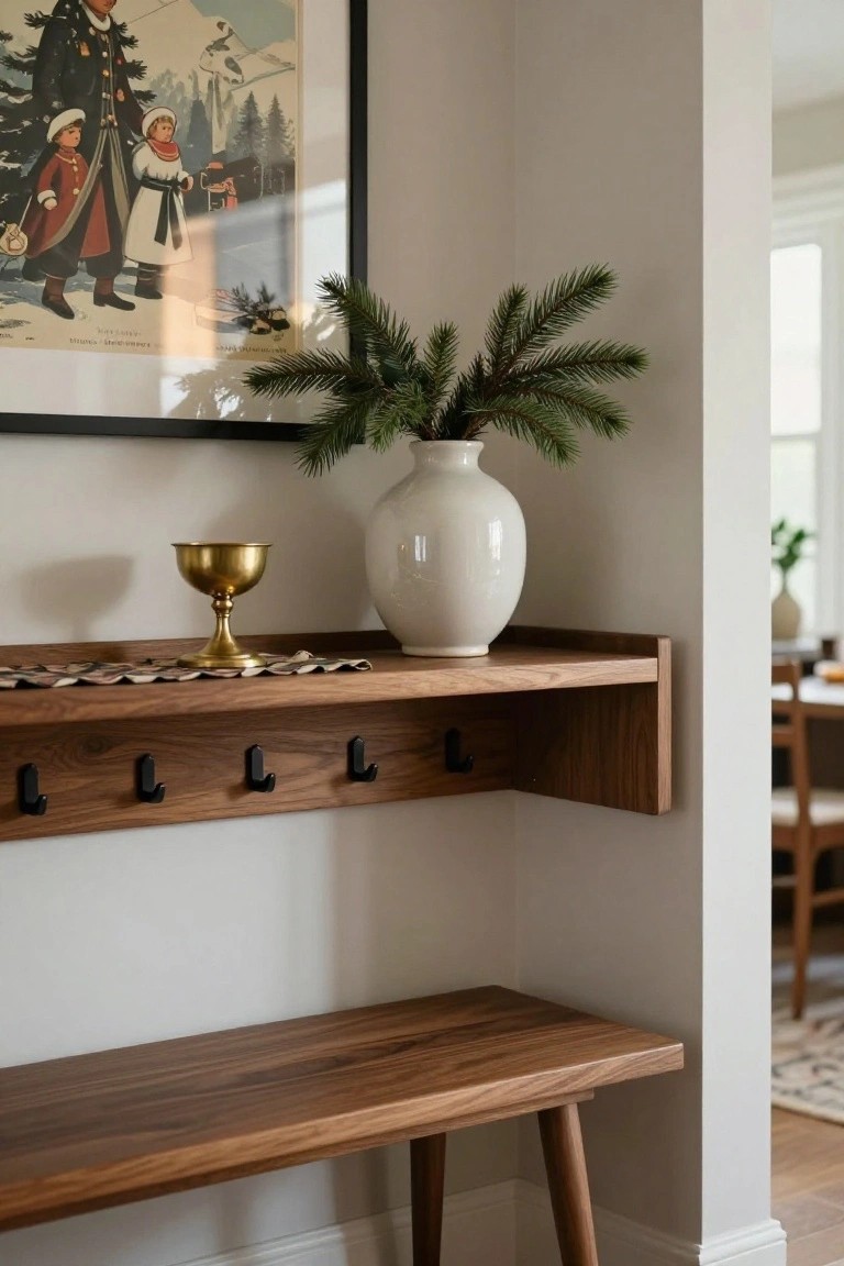 Corner Shelf with Hooks and Bench