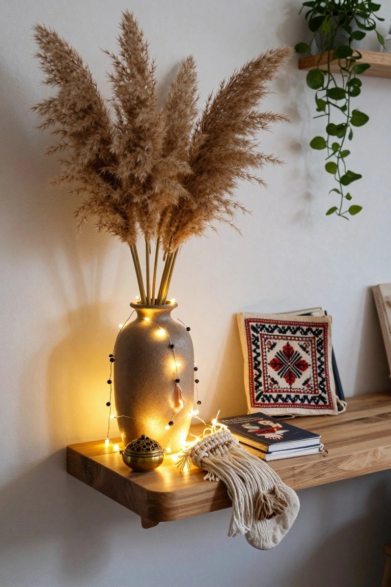 Wooden floating shelf on a white wall holding a beige terracotta vase of tall pampas grass wrapped in fairy lights, a brass incense burner, books, embroidered textile, and macrame hanger, with trailing plants above.