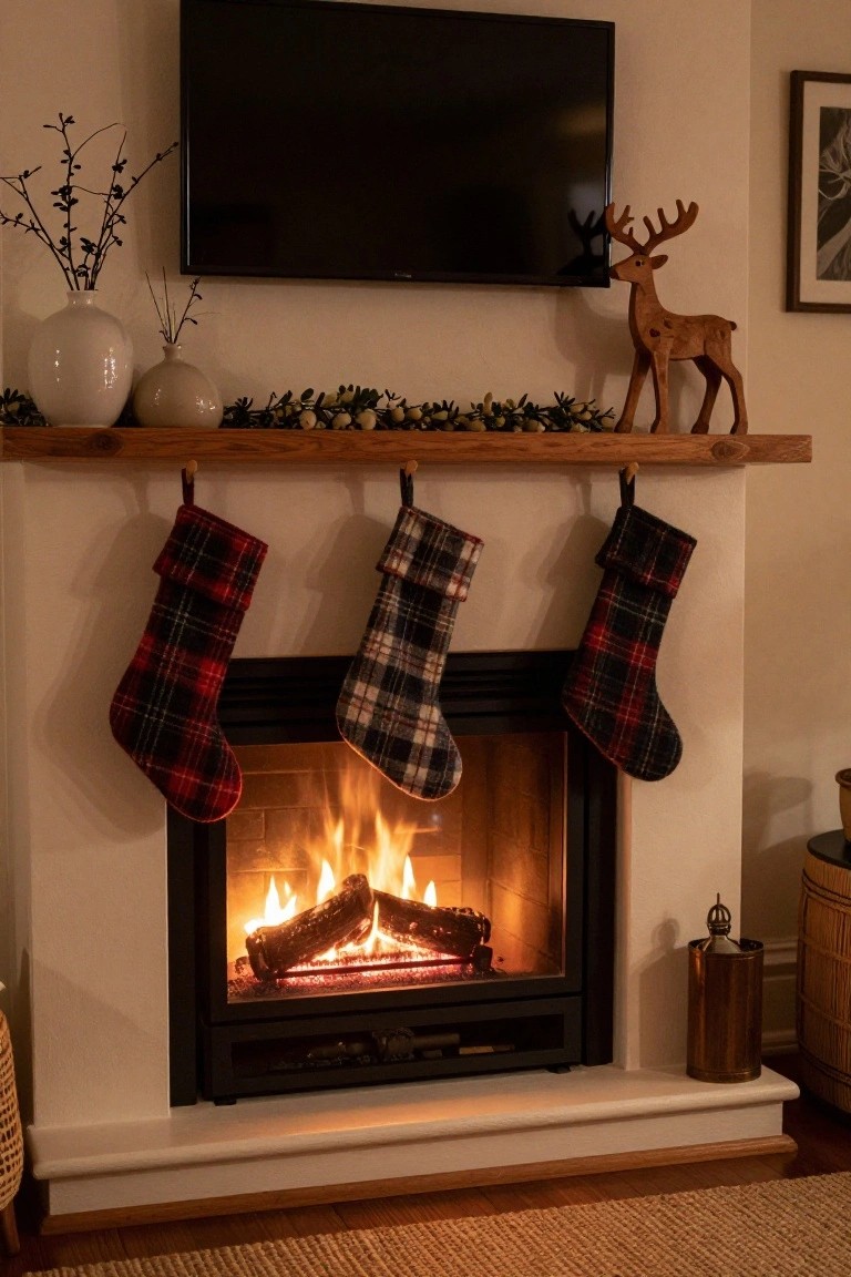 Corner fireplace with wooden mantel shelf holding three plaid Christmas stockings in red black and gray patterns, evergreen garland with berries, and carved wooden deer figure, fire burning inside, TV mounted above in a living room.