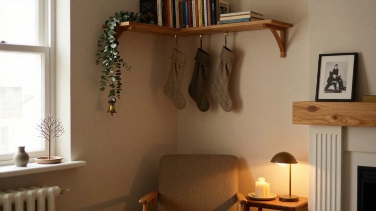 Indoor corner with wooden shelves holding books and candles, white linen Christmas stockings hanging from brass hooks on a wooden rail with eucalyptus greenery, a beige armchair by a lamp near a fireplace.