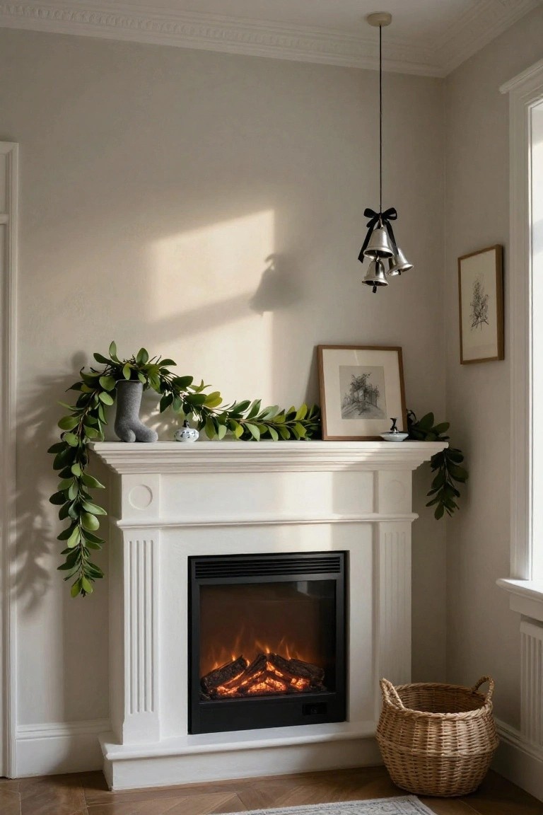 White corner fireplace mantel draped with green leafy garland holding a gray knit stocking and small white ceramics, with black-ribbon bells hanging from ceiling above and wicker basket on wood floor nearby in light gray room.