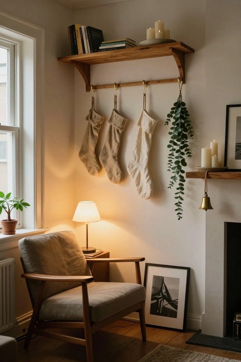 Indoor corner with wooden shelves holding books and candles, white linen Christmas stockings hanging from brass hooks on a wooden rail with eucalyptus greenery, a beige armchair by a lamp near a fireplace.