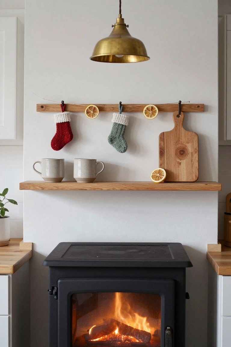 Kitchen corner with black wood-burning stove showing fire inside, wooden shelf holding two white mugs and lemon slice on cutting board, wooden rail above with red and green knitted Christmas stockings and dried orange slices, brass pendant light overhead.