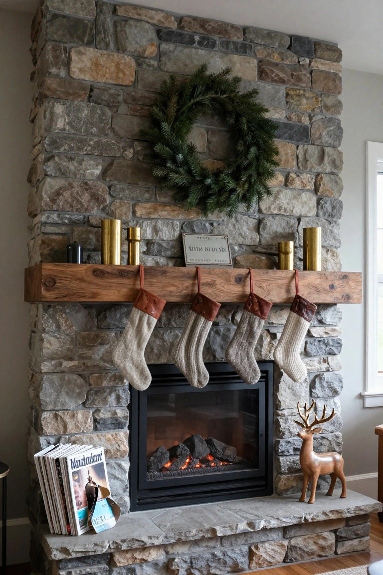 Corner stone fireplace with wooden beam mantle holding four neutral knit stockings with leather cuffs, flanked by gold candle holders, evergreen wreath above, lit gas fire, wooden deer figurine, and stack of magazines on the hearth.