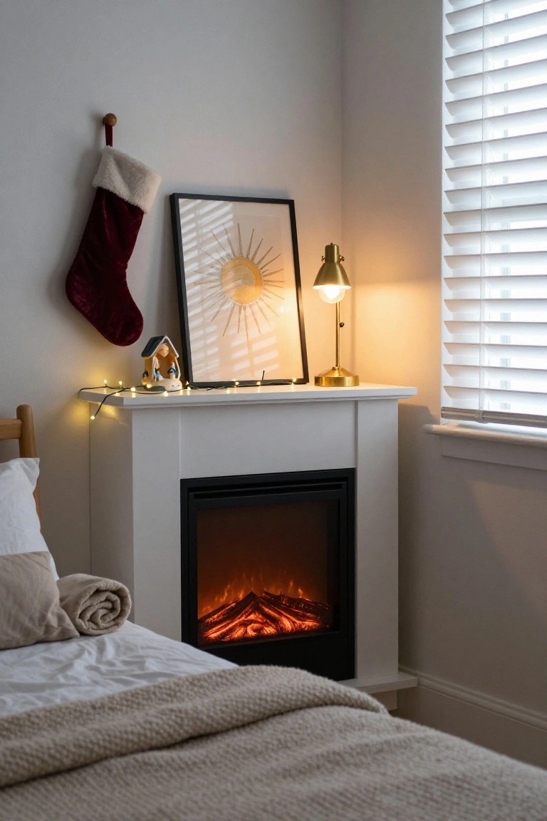 White corner electric fireplace with red Christmas stocking hung on the side, fairy lights and small nativity figure on the mantle, gold lamp and framed sun artwork nearby, bed in the foreground of a light room with blinds.