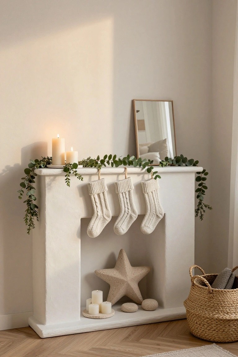 White corner mantel with hanging white knit Christmas stockings, eucalyptus garland, white pillar candles, a large white star sculpture inside the fireplace, smooth stones, and a woven basket holding firewood and towels next to light wood floors.
