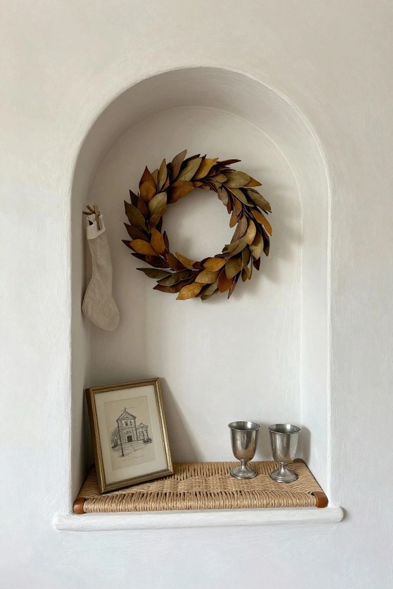 Arched white wall niche decorated with a wreath of brown leaves, a hanging white stocking, a gold-framed drawing of a church, and two silver goblets on a rattan shelf.