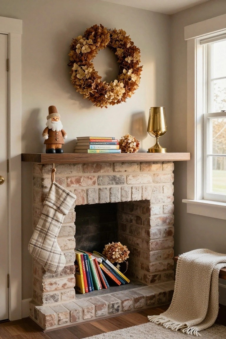 Corner brick fireplace with wooden mantel holding stacked colorful books, wooden Santa figure, gold lamp, and dried hydrangea; plaid stocking hangs on side, wreath on wall above, window and bench nearby in light room.