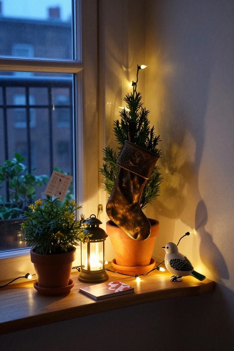 Indoor wooden windowsill corner decorated for Christmas with a small potted evergreen tree inside a brown knit stocking, yellow-flowered plant in terracotta pot, metal lantern, white bird figurine, fairy lights, and a notebook, viewed from inside a room with an urban balcony outside at dusk.