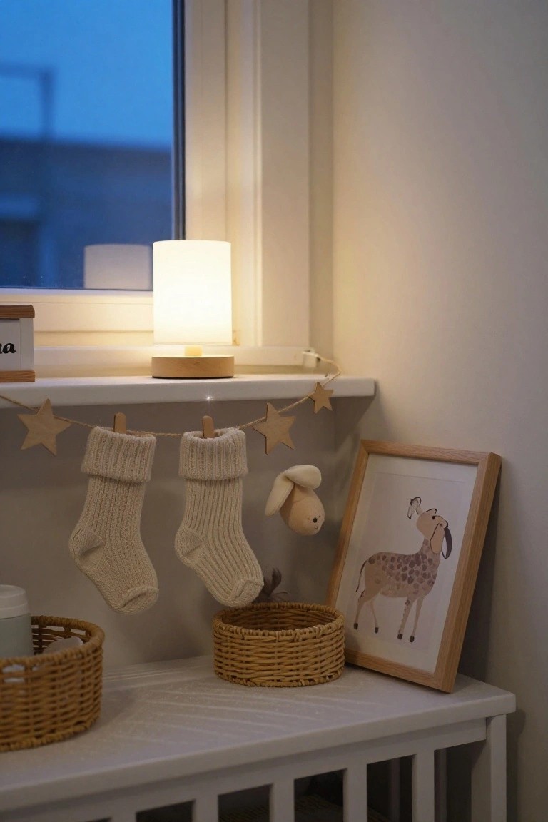 Nursery windowsill shelf with two white knitted Christmas stockings hanging from wooden clothespins on a star garland, flanked by a white lamp, wicker baskets, a framed giraffe artwork, and a toy mouse, above a white crib railing.