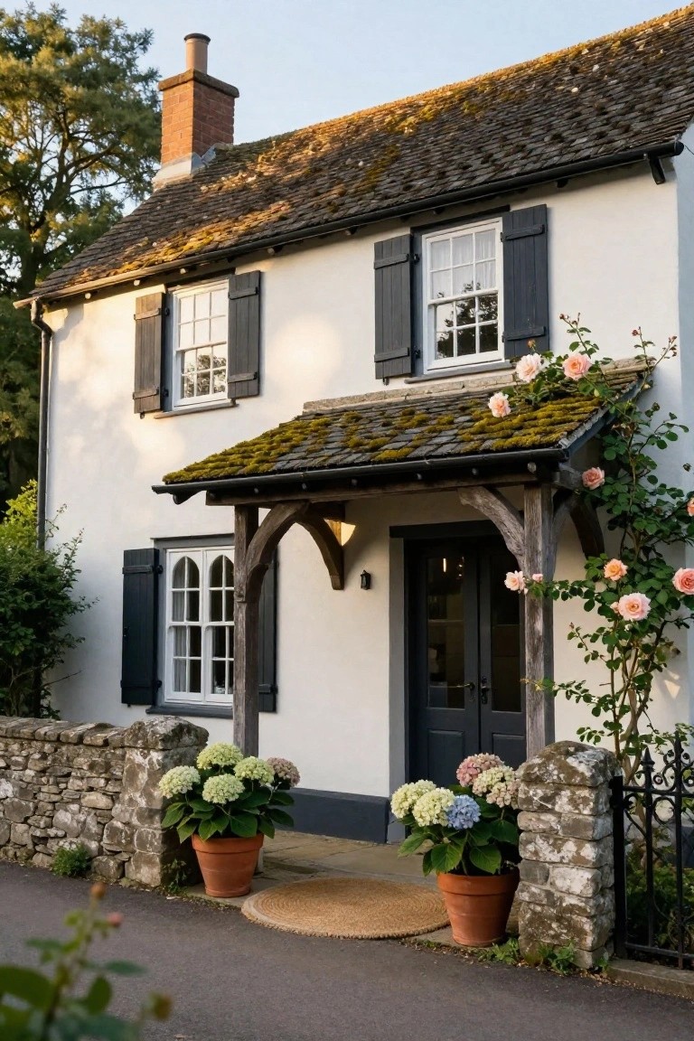 Crisp White Cottage with Black Shutters