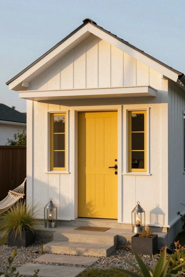 Small white board-and-batten gabled shed with yellow front door and matching window frames, concrete steps, metal lanterns, potted plants, and a hammock nearby in a gravel garden area.